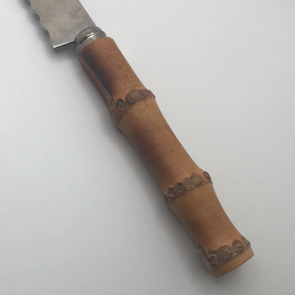 Vintage Japan Bread Knife Bamboo Cane Handle Stainless Steel Serrated 12